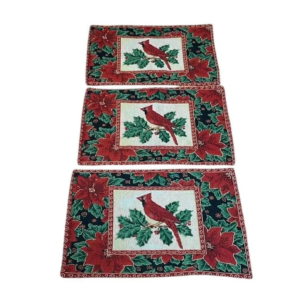 Cardinal Placemats, Vintage Christmas, set of 3, woven, Red Holiday, table mats